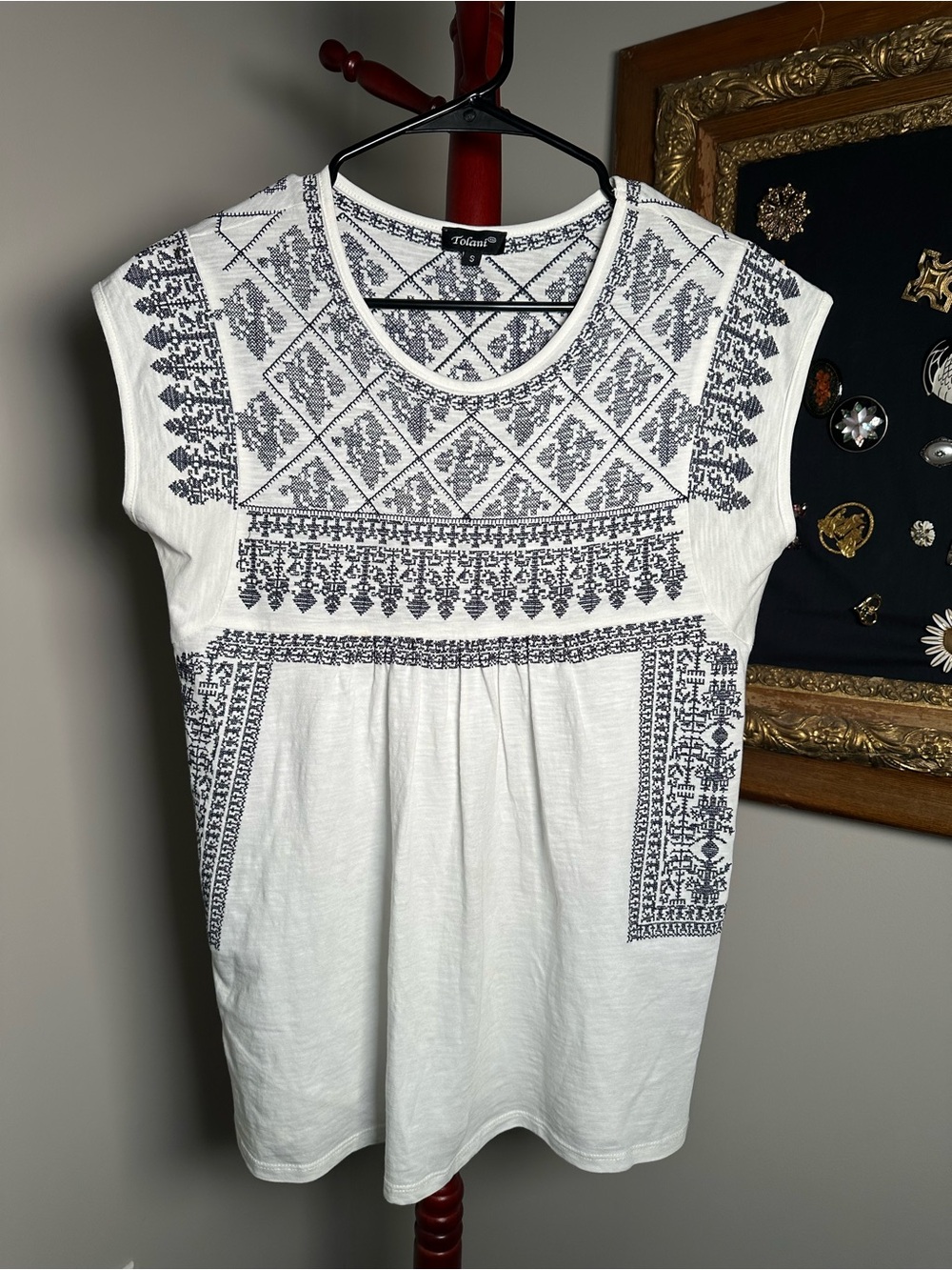 Tolani White Tunic Top with Black Geometric Embroidery